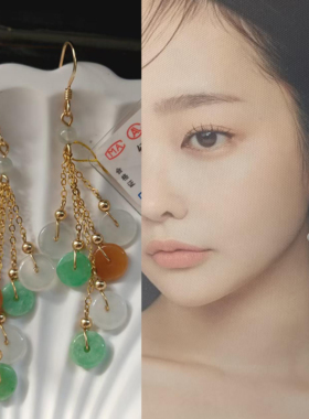 精品翡翠彩色平安扣天然玉石耳环14K包金镶嵌保色防过敏百搭耳坠