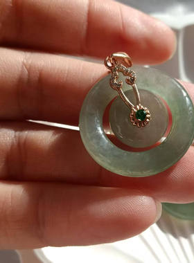 925银镶嵌正品天然玉石缅甸A货翡翠绿甜甜圈平安扣项链子母扣吊坠