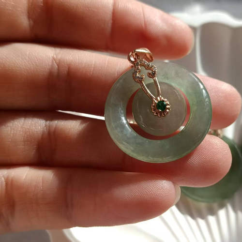 925银镶嵌正品天然玉石缅甸A货翡翠绿甜甜圈平安扣项链子母扣吊坠