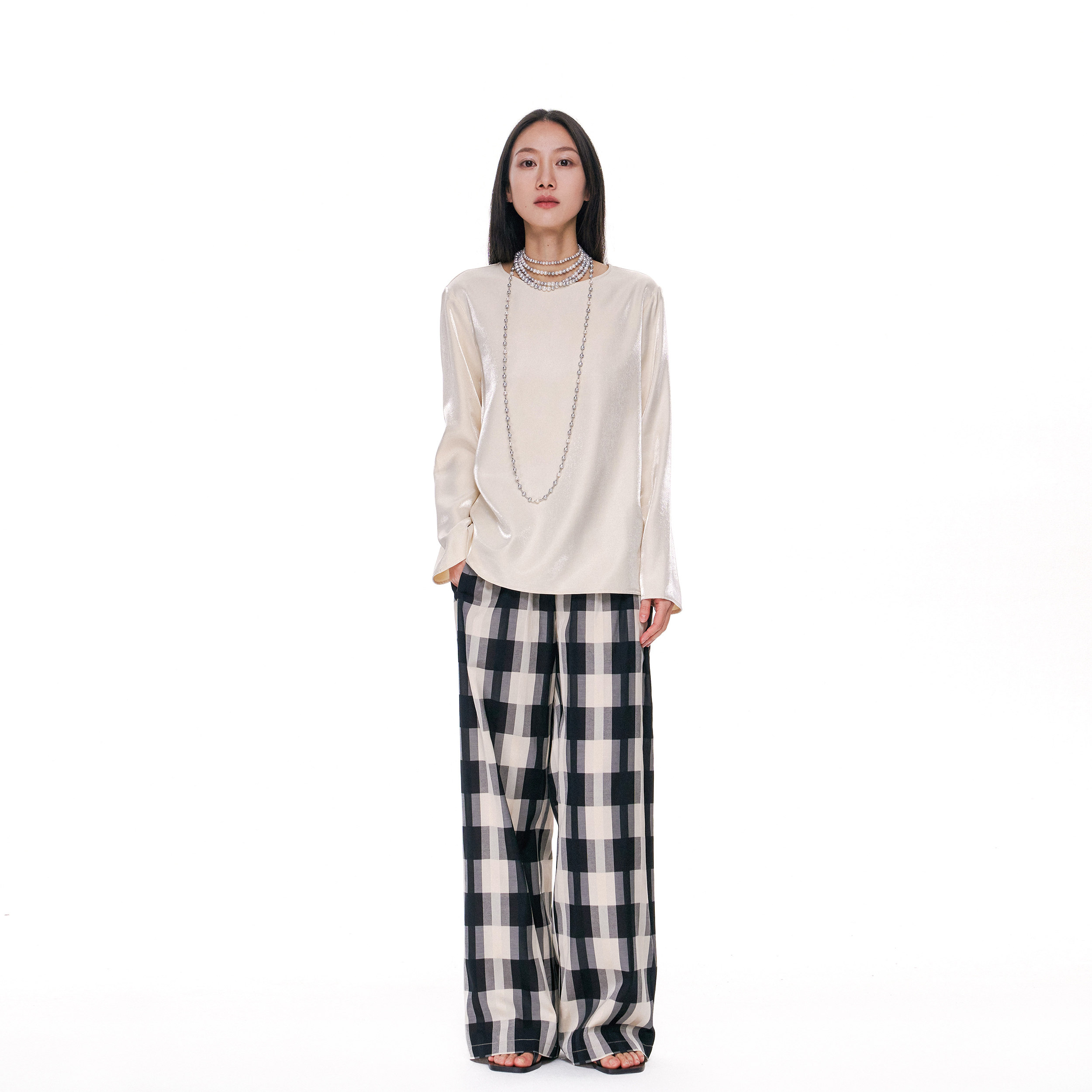 林乔芝2025年春季新款气质对格休闲裤格子长裤女士格纹舒适阔腿裤 - 林乔芝出品