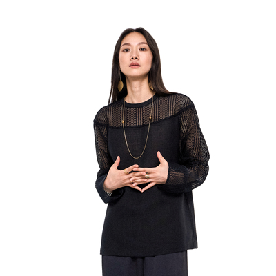 林乔芝2024早秋新品镂空上衣女气质黑色套头衫宽松休闲防晒T恤