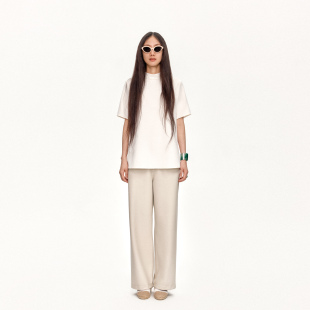 T恤女宽松显瘦百搭上衣 新款 林乔芝简约纯色半高领短袖 2025秋季