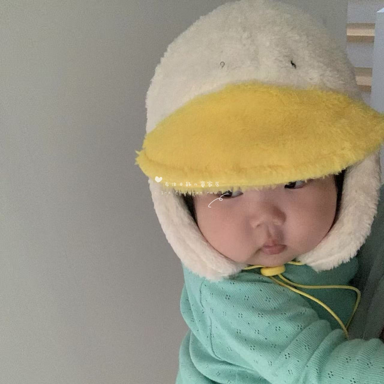 出口韩国25冬季宝宝男女童保暖羊羔绒小黄鸭护耳帽飞行员雷锋帽