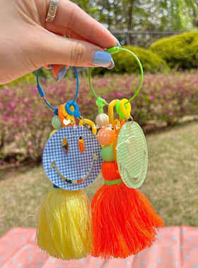 ins出口韩国妈咪包儿童书包挂饰笑脸撞色流苏汽车钥匙扣