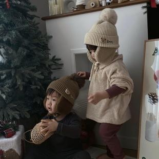 韩国同款儿童冬季加厚加绒针织护耳帽宝宝小熊保暖帽子可定制名字