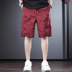 酒红色短裤男夏季潮流宽松直筒中裤高端感欧美简约工装休闲五分裤