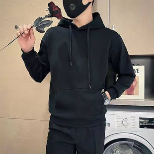 秋冬款连帽加绒卫衣男纯色休闲小众高级感ins加厚冬装内搭上衣T恤