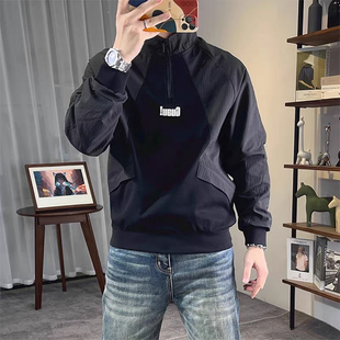 卫衣男士半高领春秋季2024新款半拉链落肩袖拼接长袖套头休闲外套
