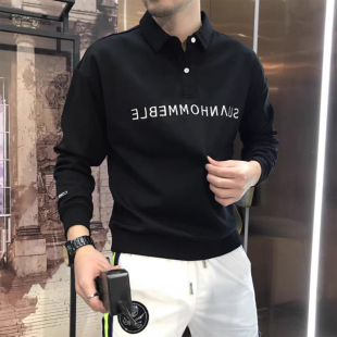 潮牌刺绣卫衣男士加绒加厚衬衫领秋季新款翻领polo衫套头长袖上衣