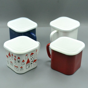 搪瓷正方杯日式大容量泡面碗带盖储物罐珐琅保鲜盒电磁炉燃气加热