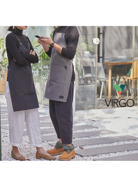 Virgo灰色黑色 咖啡 画室 餐厅水洗复古帆布背带工作围裙定制logo