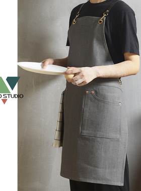 灰色牛仔双肩背带围裙咖啡师理发师工作服西餐厅网咖花艺围裙定制