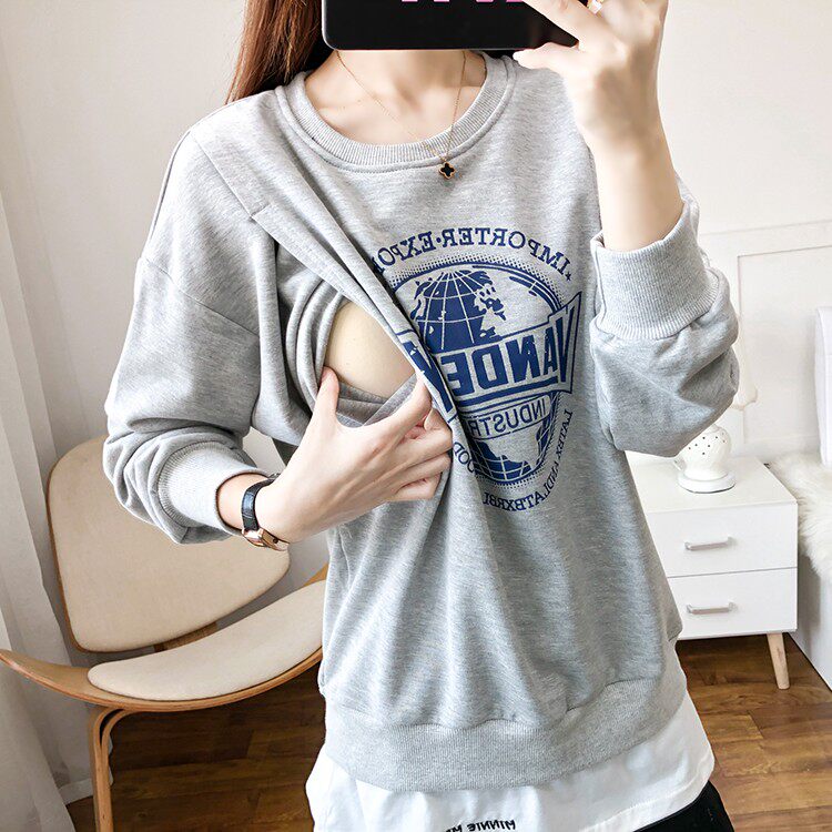 새 수유복 봄 가을 외출용 긴팔 스웨트 셔츠 순면 루즈 페이크 투피스 수유복 바닥 셔츠 가을