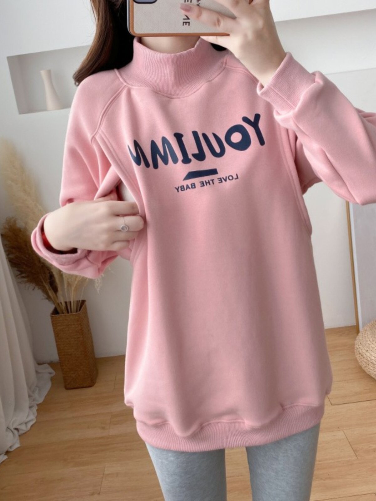 간호 의류 새로운 느슨한 가을 겨울 벨벳 두꺼운 스웨터 순수 코튼 산후 중간 길이 간호 탑 하이 칼라 바닥 셔츠