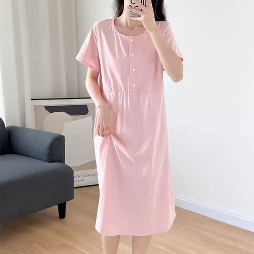 夏季宽松哺乳衣大码带胸垫产后喂奶衣服纯棉短袖哺乳中长款喂奶裙