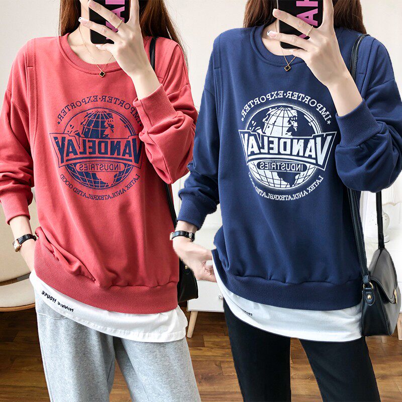 새 수유복 봄 가을 외출용 긴팔 스웨트 셔츠 순면 루즈 페이크 투피스 수유복 바닥 셔츠 가을