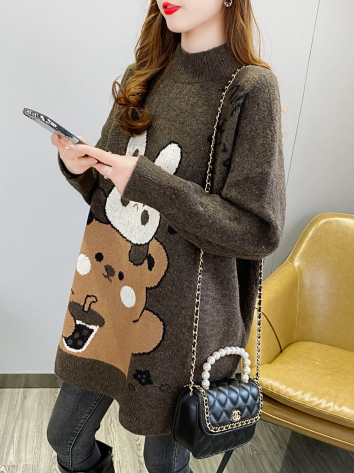 2024 가을 겨울 출산 스웨터 중간 길이 높은 칼라 외부 착용 두꺼운 탑 여성 패션 정장 겨울 BOTTOMING 셔츠