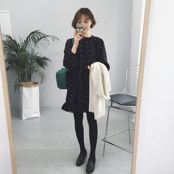 출산 봄 드레스 패션 2023 새로운 긴팔 폴카 도트 셔츠 드레스 한국 스타일 느슨한 중간 길이 탑