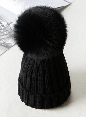 韩版冬季毛线帽针织帽保暖加厚百搭狐狸毛球帽