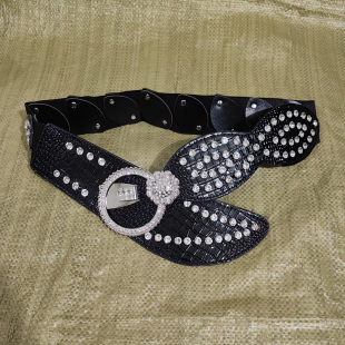 弹力水钻皮带超宽腰带女士松紧腰封水晶装 斜搭配裙子女 饰百搭时尚