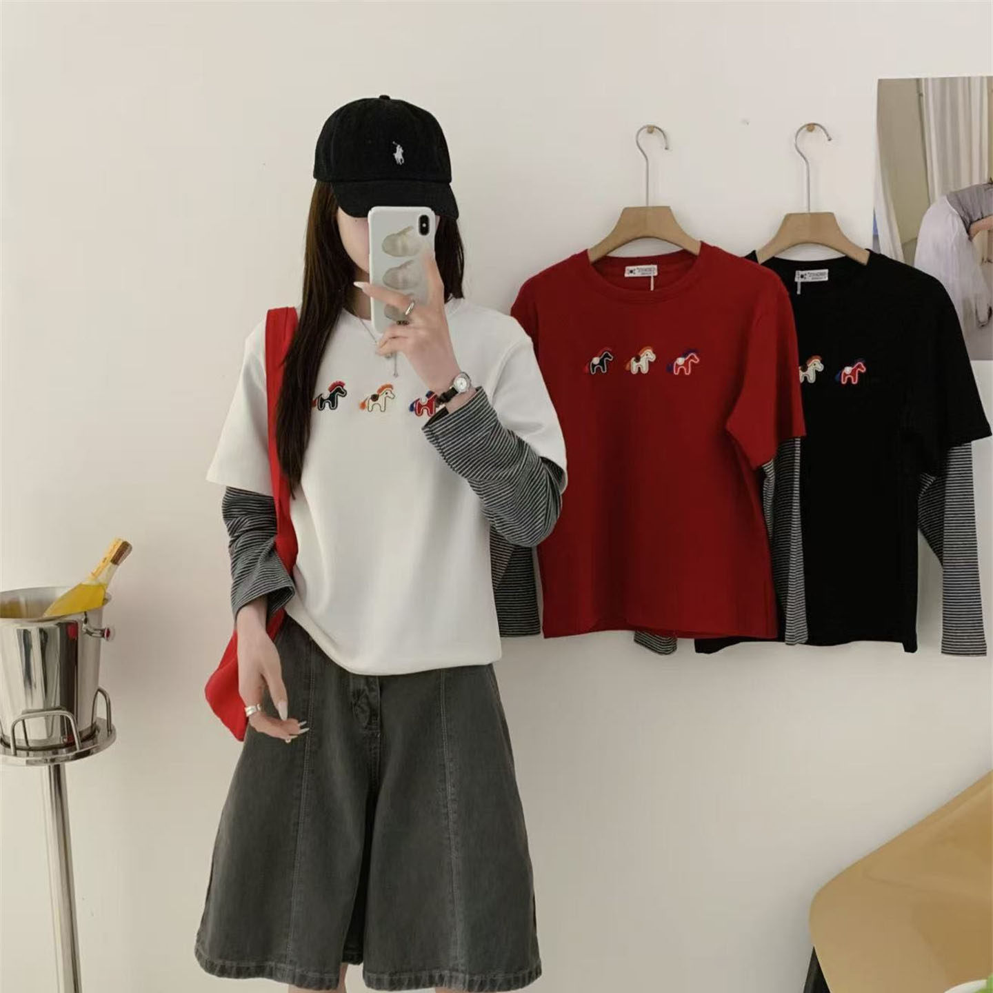 长袖t恤女2026新款春季白色假两件纯棉正肩宽松韩版慵懒风打底衫