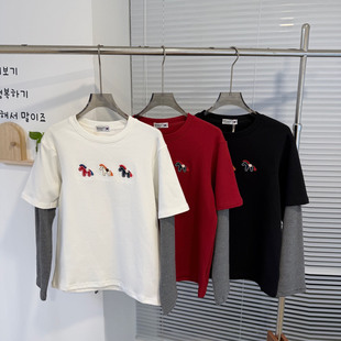 长袖t恤女白色正肩纯棉2026新款假两件条纹宽松韩版慵懒风打底衫