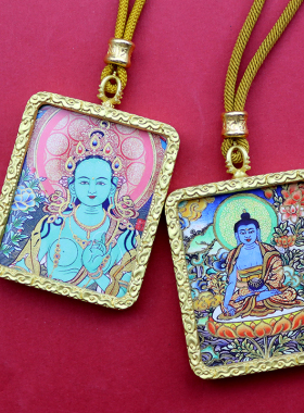 藏饰半手绘描金唐卡绿度母白度母药师佛祥云款唐卡随身佛牌项链
