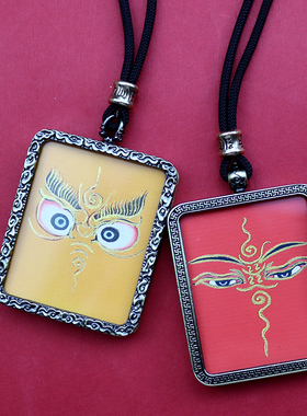 藏式古铜色框手绘描金画布唐卡吊坠五路财神脸谱唐卡男女项链