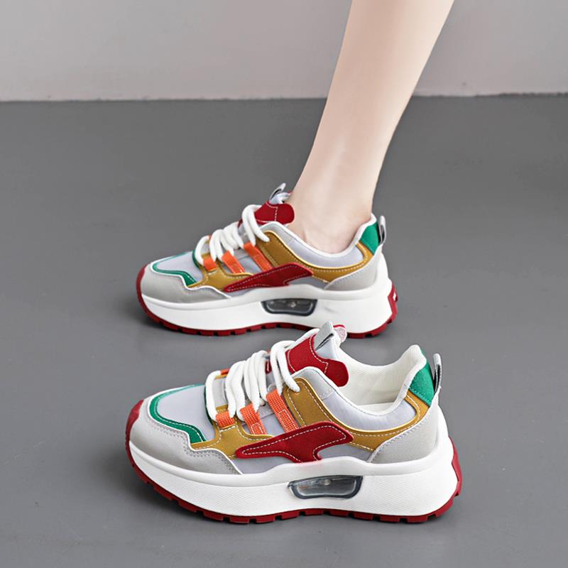 真皮女鞋2025新款秋季多巴胺老爹鞋厚底增高鞋不累脚气垫运动鞋女