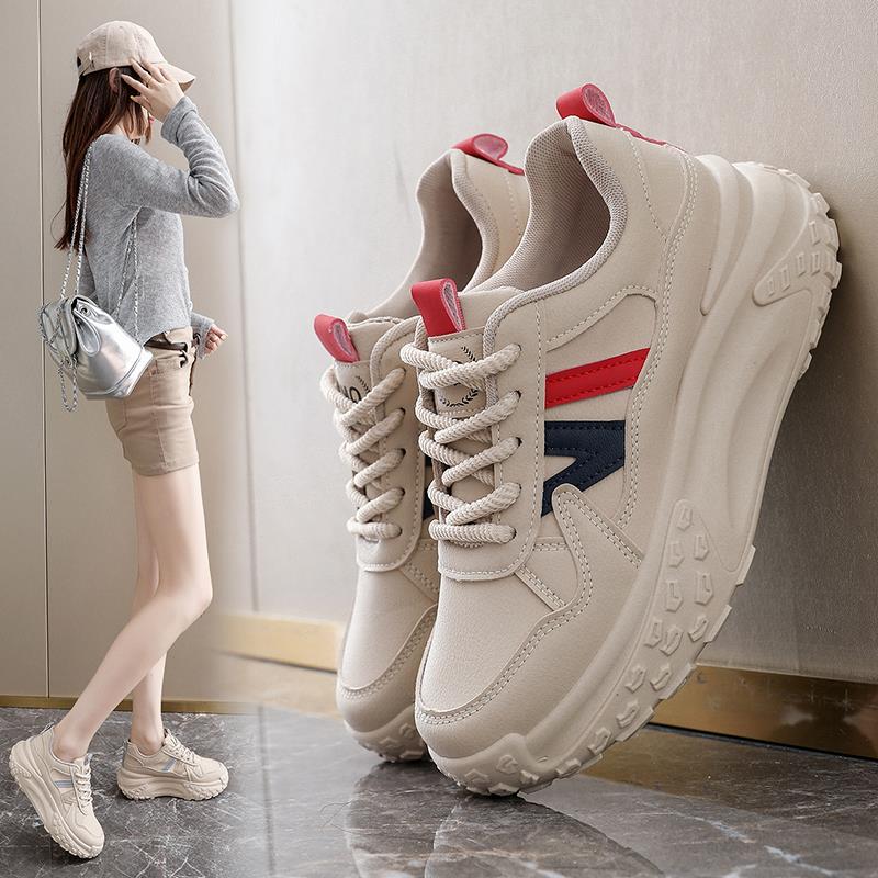 女鞋2025新款秋季皮面厚底松糕鞋配阔腿裤老爹鞋小个子增高运动鞋