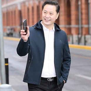 春秋季中年男装爸爸薄款连帽夹克衫外套中老年人男士春装休闲上衣