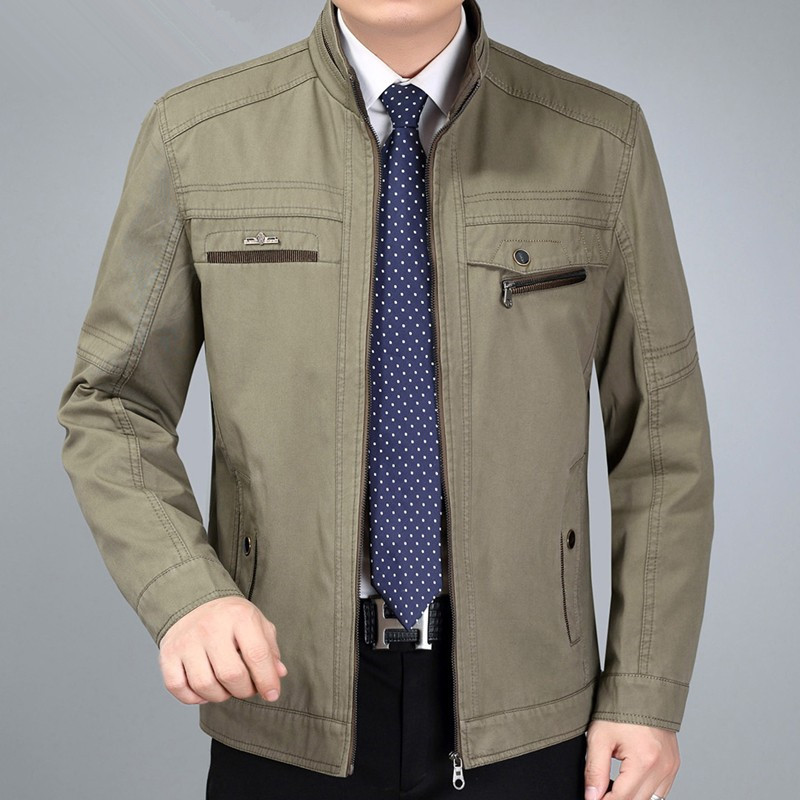 中年男士夹克衫春秋季加肥加大码纯棉外套中老年人爸爸装秋装上衣