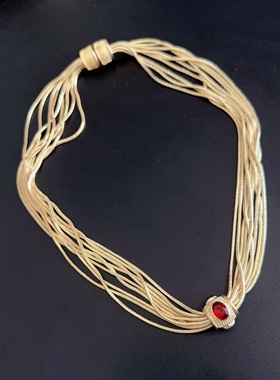 vintage项链多层中古饰品蓝红锆石重工古着风素金装饰颈链