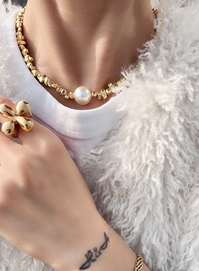 琉璃珍珠不规则金属感时装项链复古珠宝重工18K金饰品颈链