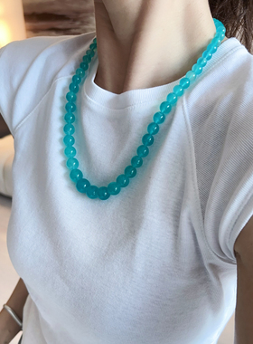 水蓝色珠珠项链大小珠个性高级感天河石天蓝串珠vintage小众饰品