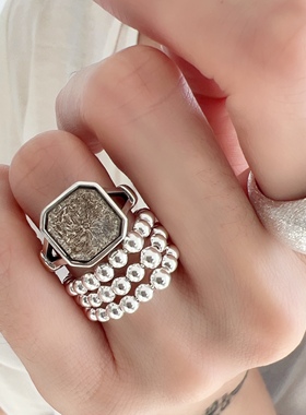 鸽子蛋拉丝夸张戒指925纯银素简椭圆形指环开口可调节尺寸指圈