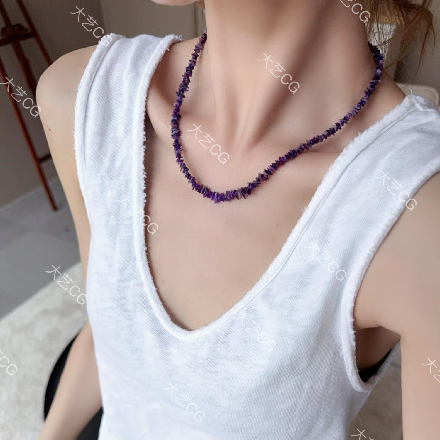 舒俱来紫色串珠不规则小米珠项链新中式叠戴彩色链