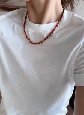 红玉髓项链串珠红色颈链choker复古百搭vintage叠戴短链珠串