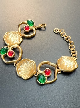 素金色复古手链彩色琉璃中古手链vintage饰品古着手镯手部饰品