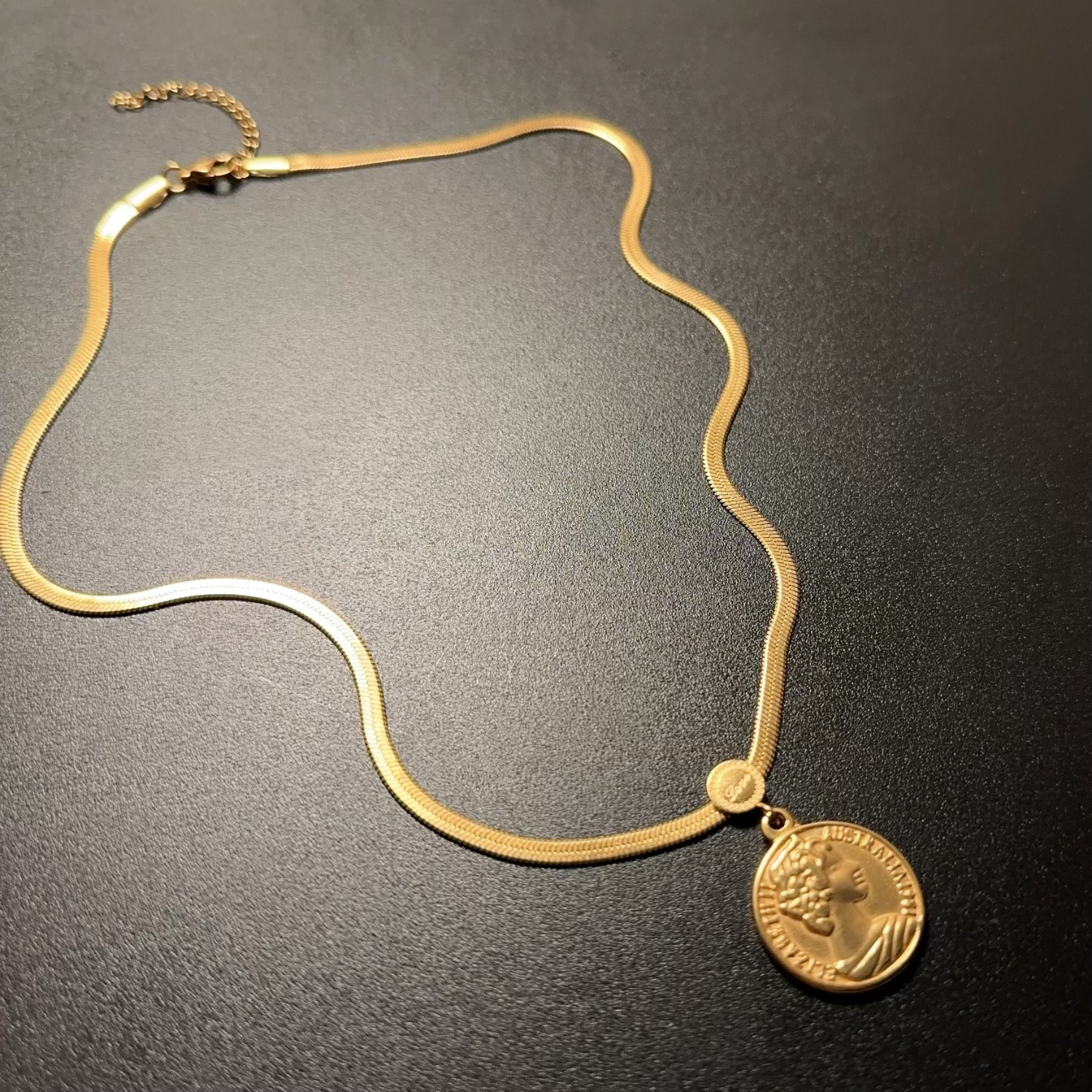 女王古币项链吊坠蛇骨百搭颈链金色扁复古现代通勤饰品