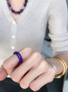 紫玉髓戒指国风花紫系润现代中古指环叠戴简约vintage彩色扳指