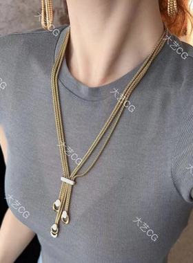 秋冬复古项链柔软暗金色多层吊坠流苏项链小众高级感中长链