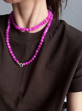 超长粉项链小众个性多种佩戴方法玫红花串珠中古vintage双层颈链