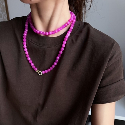 超长粉项链小众个性多种佩戴方法玫红花串珠中古vintage双层颈链
