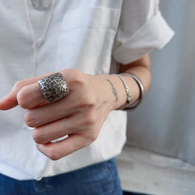 夸张纯银戒指个性方形花纹指环925银饰开口可调节vintage饰品