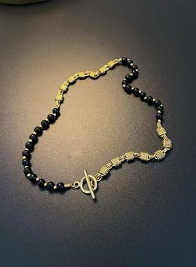 黑玛瑙串珠项链现代中古金黑双色珠串OT扣短颈链choker