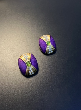 复古耳环紫色中古风饰品vintage金彩宝耳饰925银针