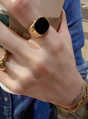 复古金色戒指黑色琉璃戒指vintage大指环