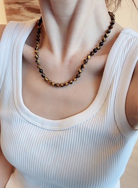 虎眼石复古项链串珠颈链百搭vintage珠子饰品中古简约花珠珠