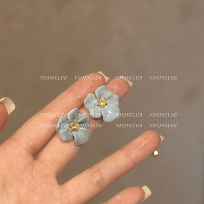 法式复古蓝色滴油花朵耳钉2025新款爆款超仙气质大气耳环独特耳饰